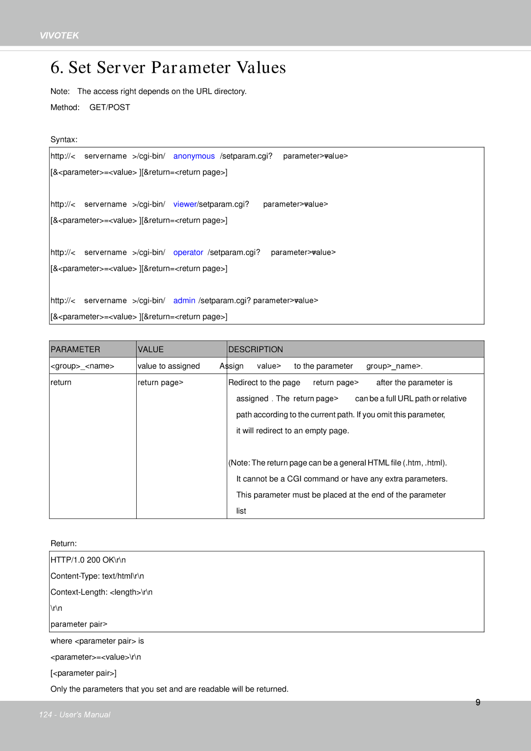 Vivotek FD8133V, FD8134V user manual Set Server Parameter Values 