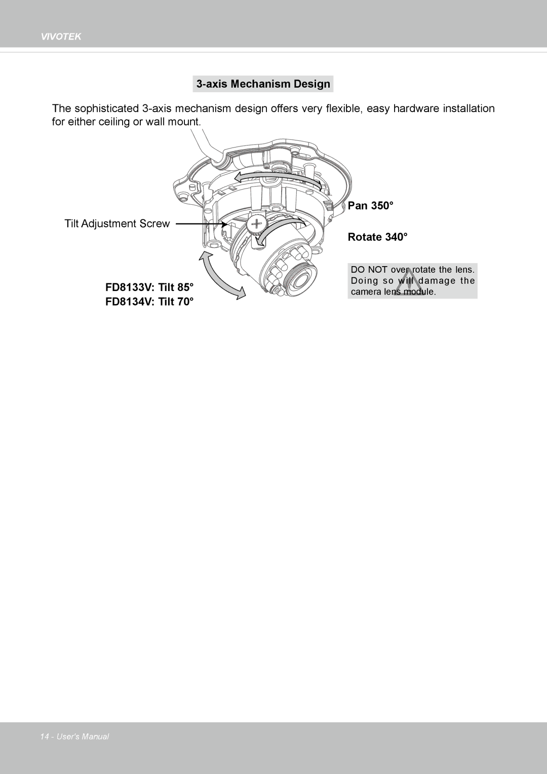 Vivotek user manual FD8133V Tilt FD8134V Tilt Pan Rotate 