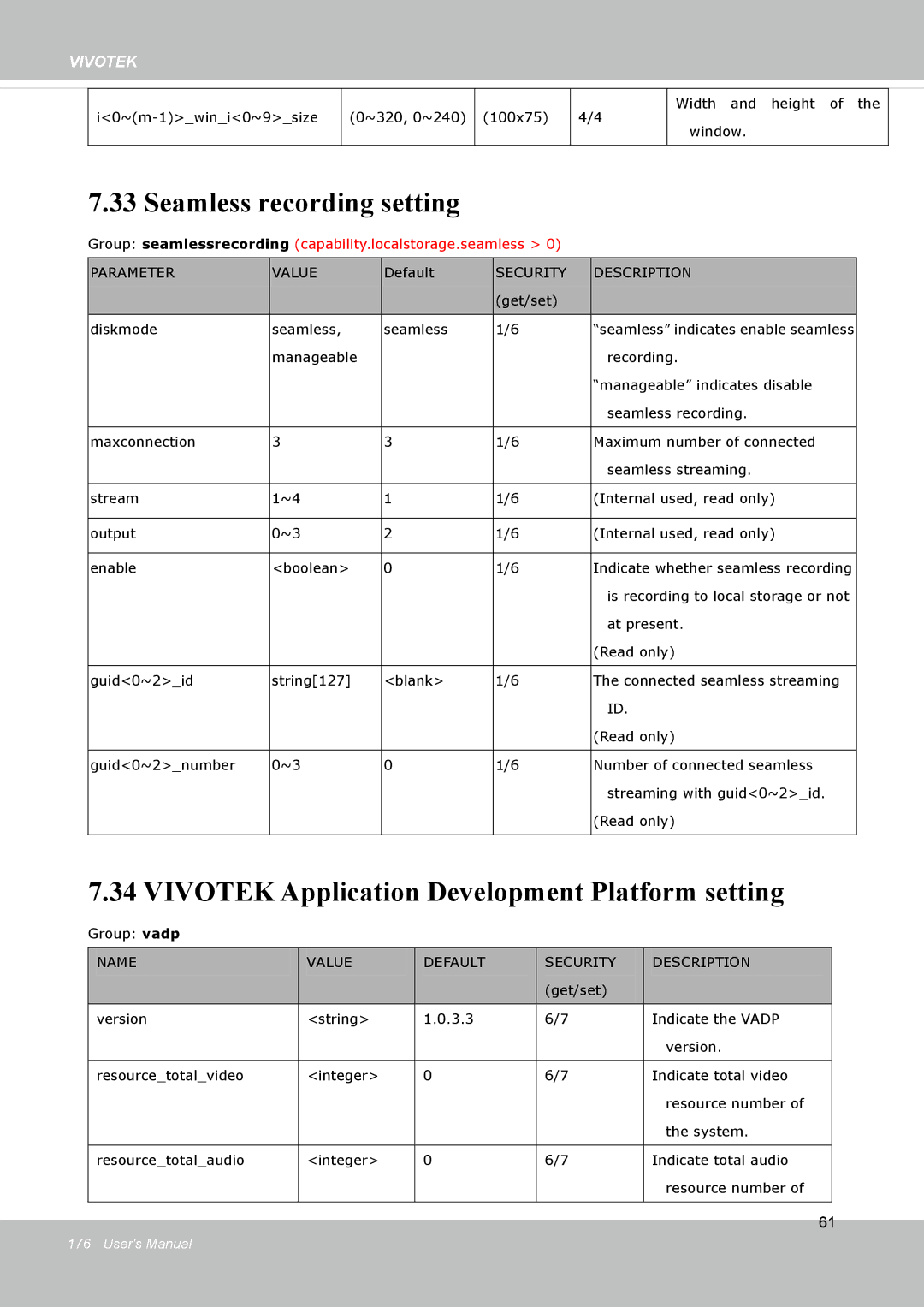 Vivotek FD8133V, FD8134V user manual Seamless recording setting, Vivotek Application Development Platform setting 