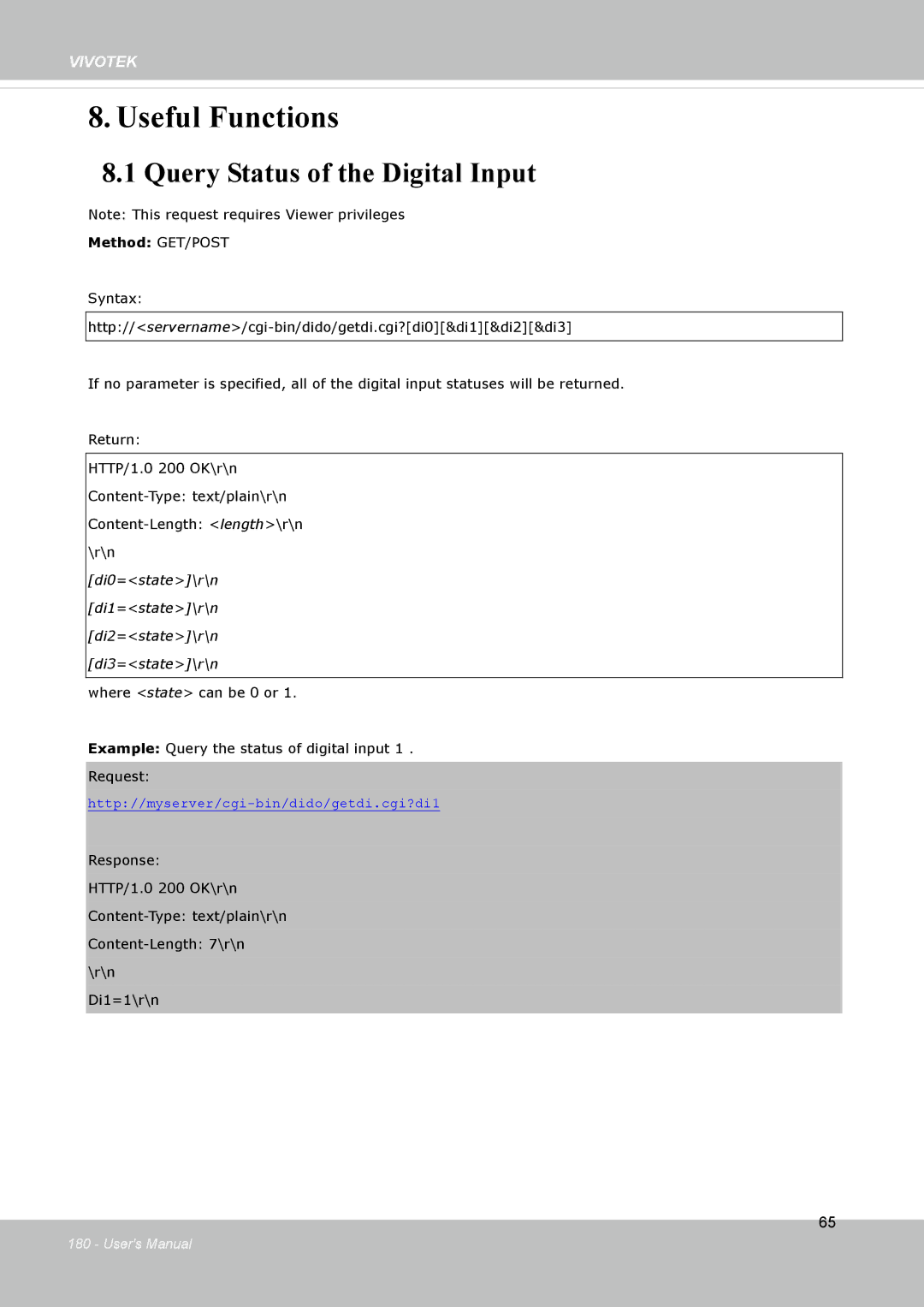 Vivotek FD8133V, FD8134V user manual Useful Functions, Query Status of the Digital Input 