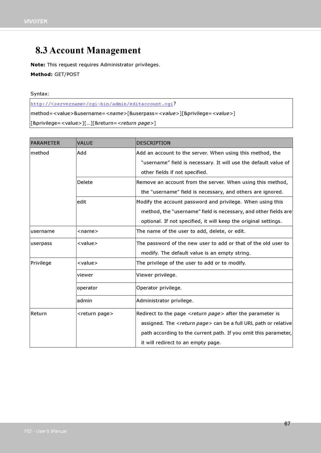 Vivotek FD8133V, FD8134V user manual Account Management 