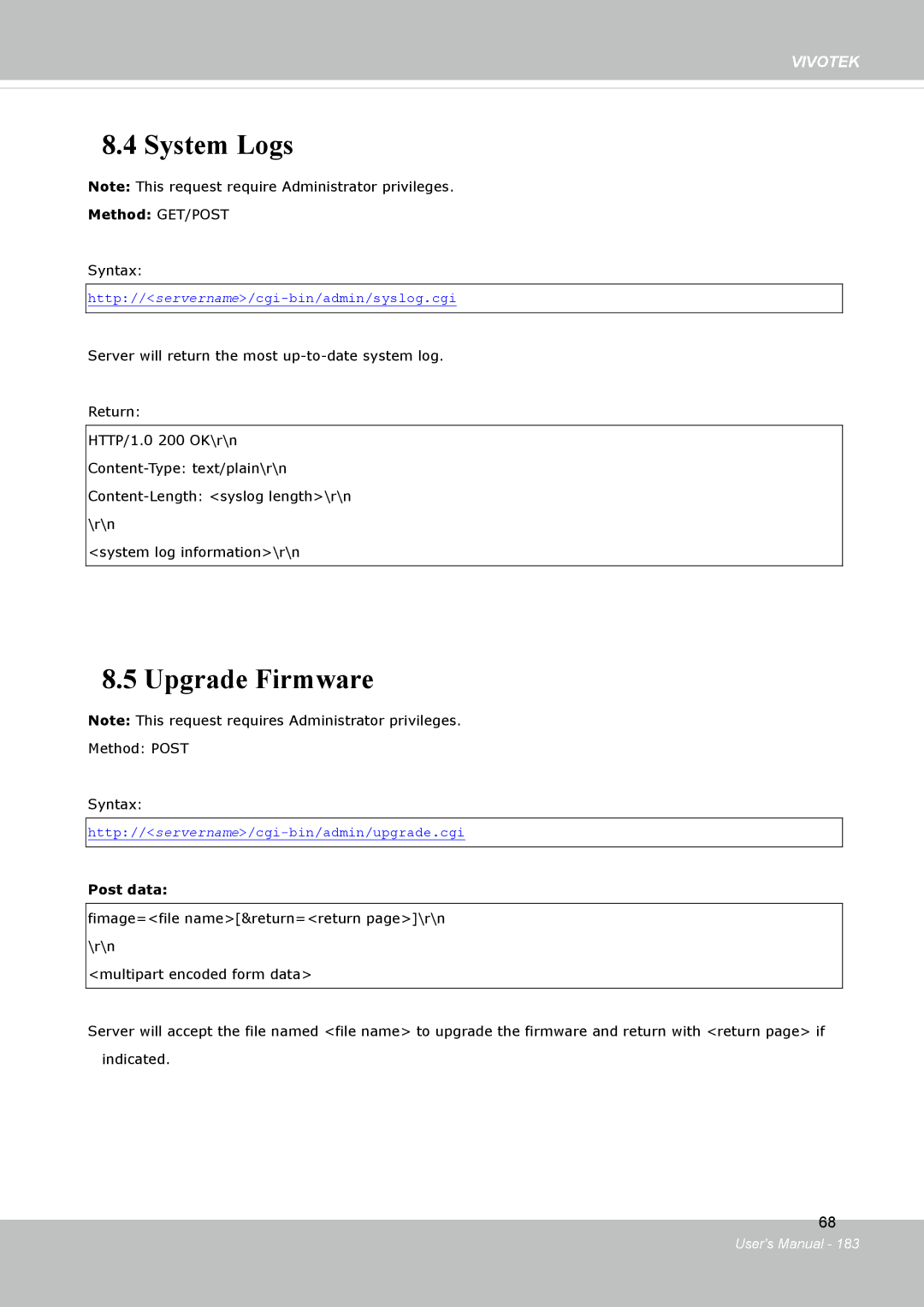 Vivotek FD8134V, FD8133V user manual System Logs, Upgrade Firmware, Post data 