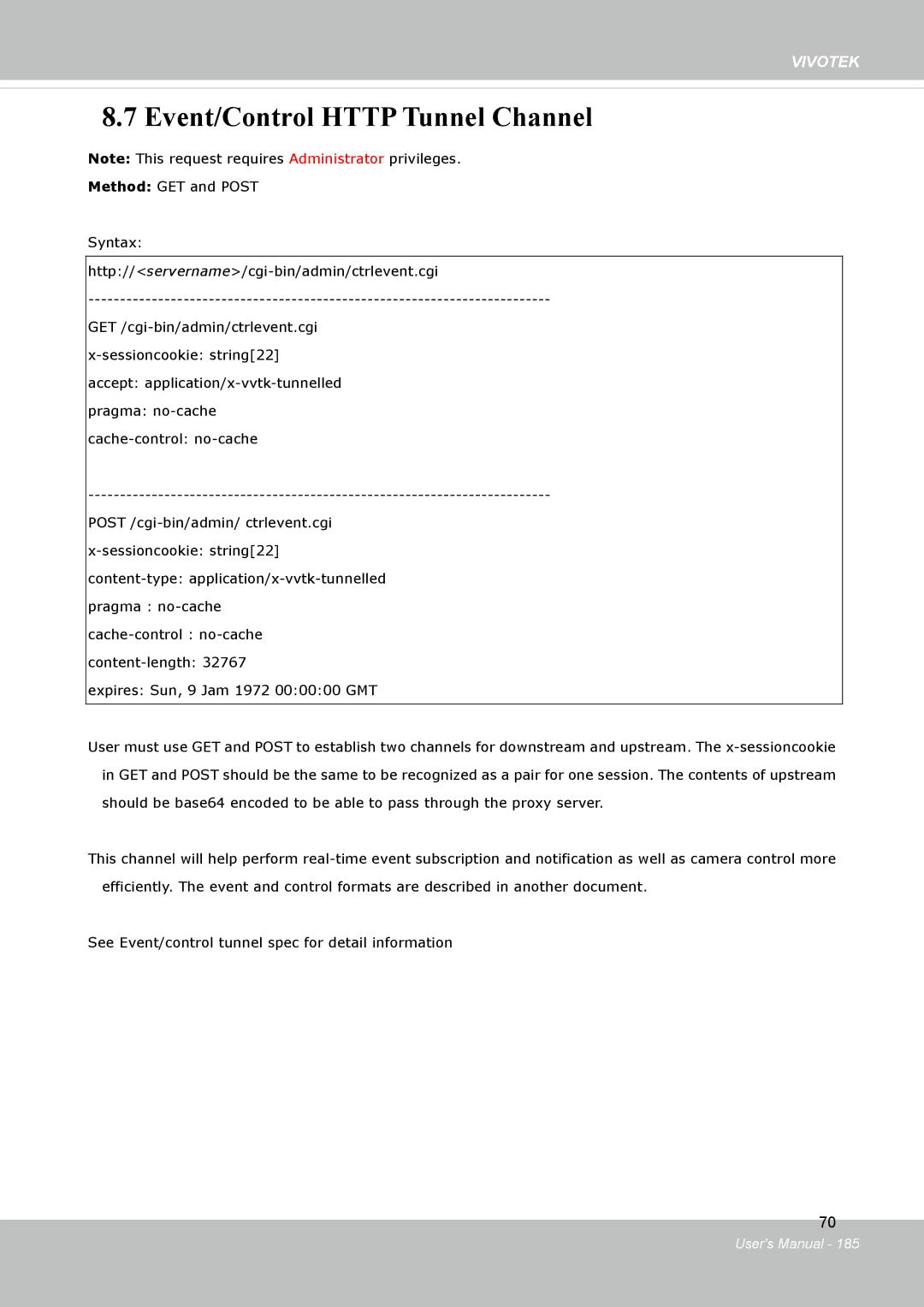 Vivotek FD8134V, FD8133V user manual Event/Control Http Tunnel Channel 