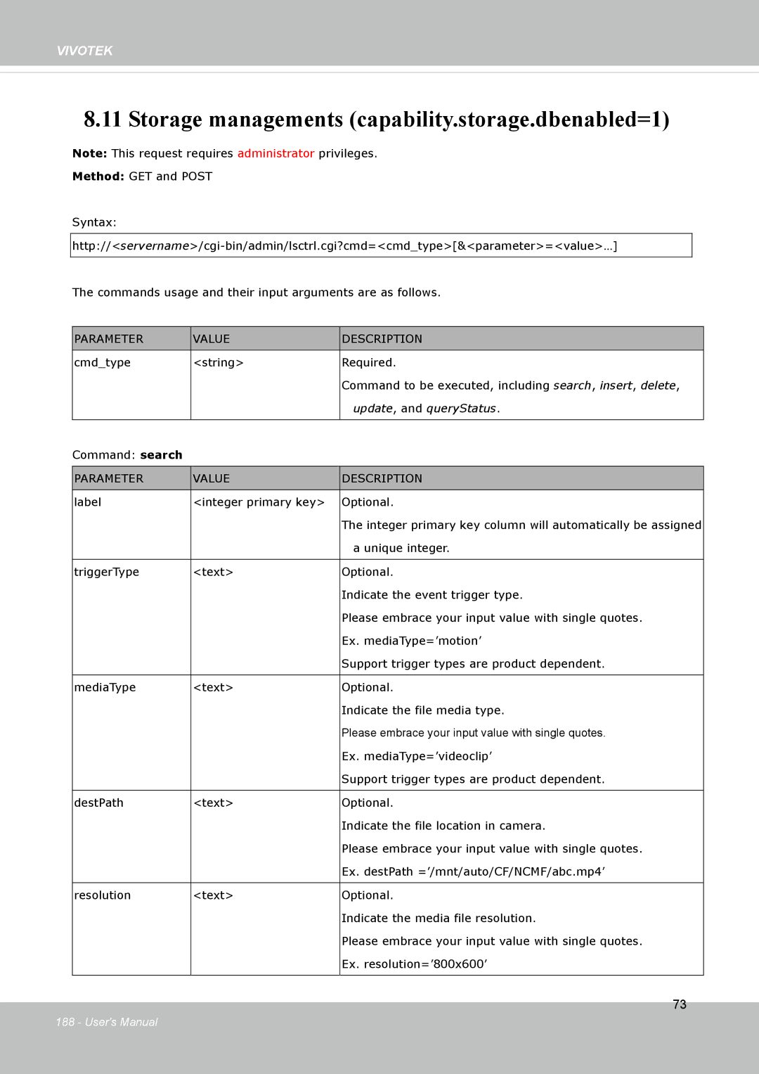 Vivotek FD8133V, FD8134V user manual Storage managements capability.storage.dbenabled=1, Update , and queryStatus 