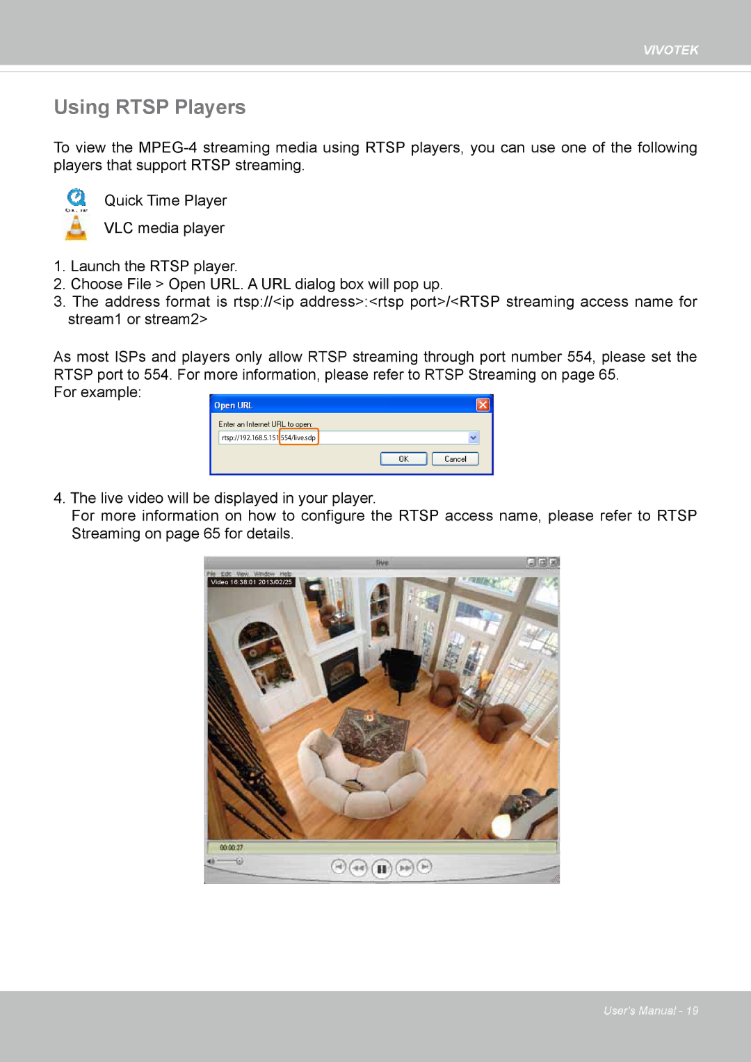 Vivotek FD8134V, FD8133V user manual Using Rtsp Players 