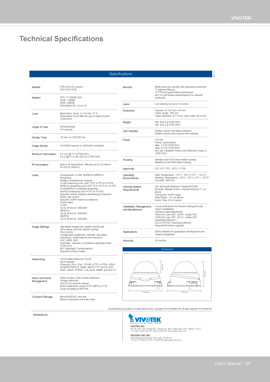 Vivotek FD8134V, FD8133V user manual Technical Specifications, Speciﬁcations 