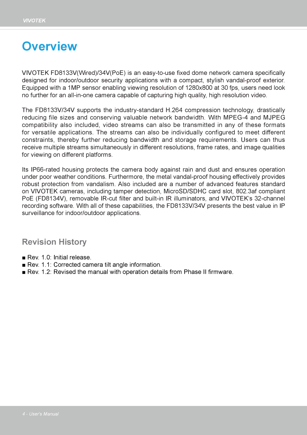 Vivotek FD8133V, FD8134V user manual Overview, Revision History 