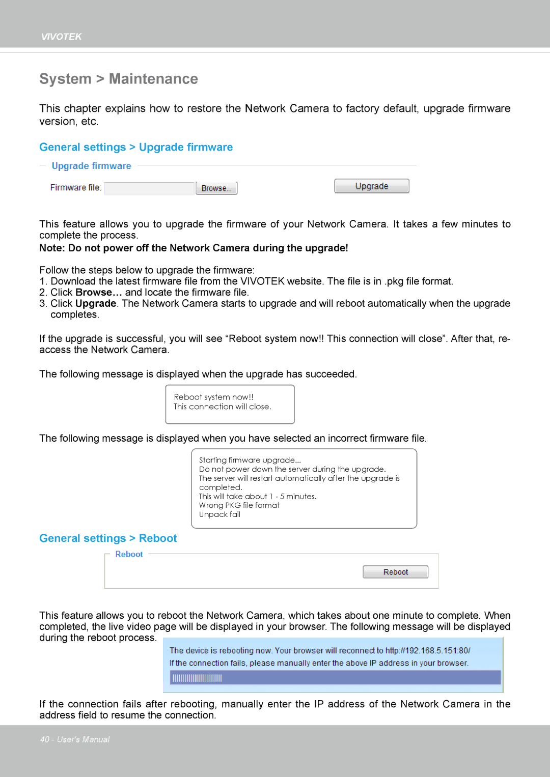 Vivotek FD8133V, FD8134V user manual System Maintenance, General settings Upgrade firmware, General settings Reboot 