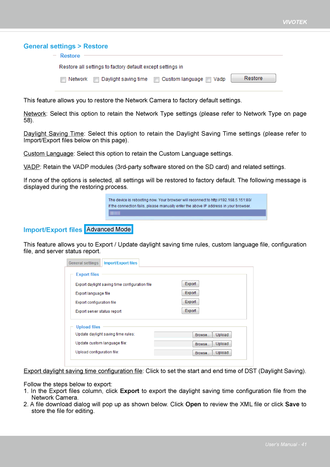 Vivotek FD8134V, FD8133V user manual General settings Restore, Import/Export files 