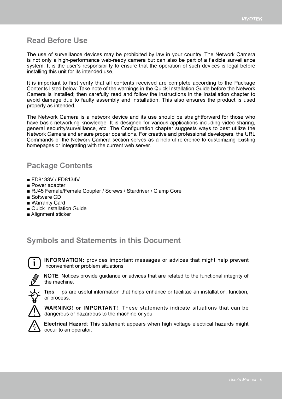 Vivotek FD8134V, FD8133V user manual Read Before Use, Package Contents, Symbols and Statements in this Document 