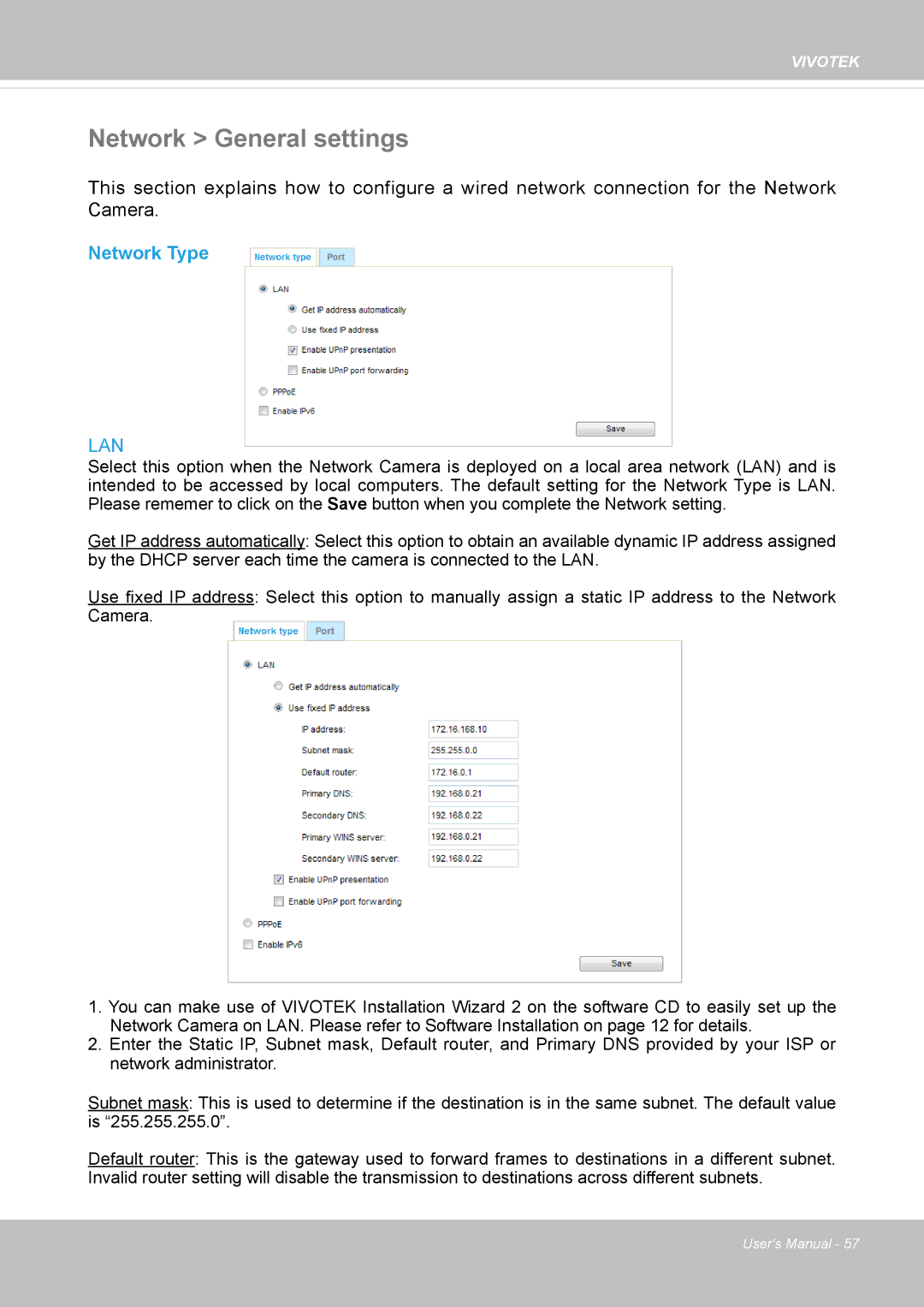 Vivotek FD8134V, FD8133V user manual Network General settings, Network Type 