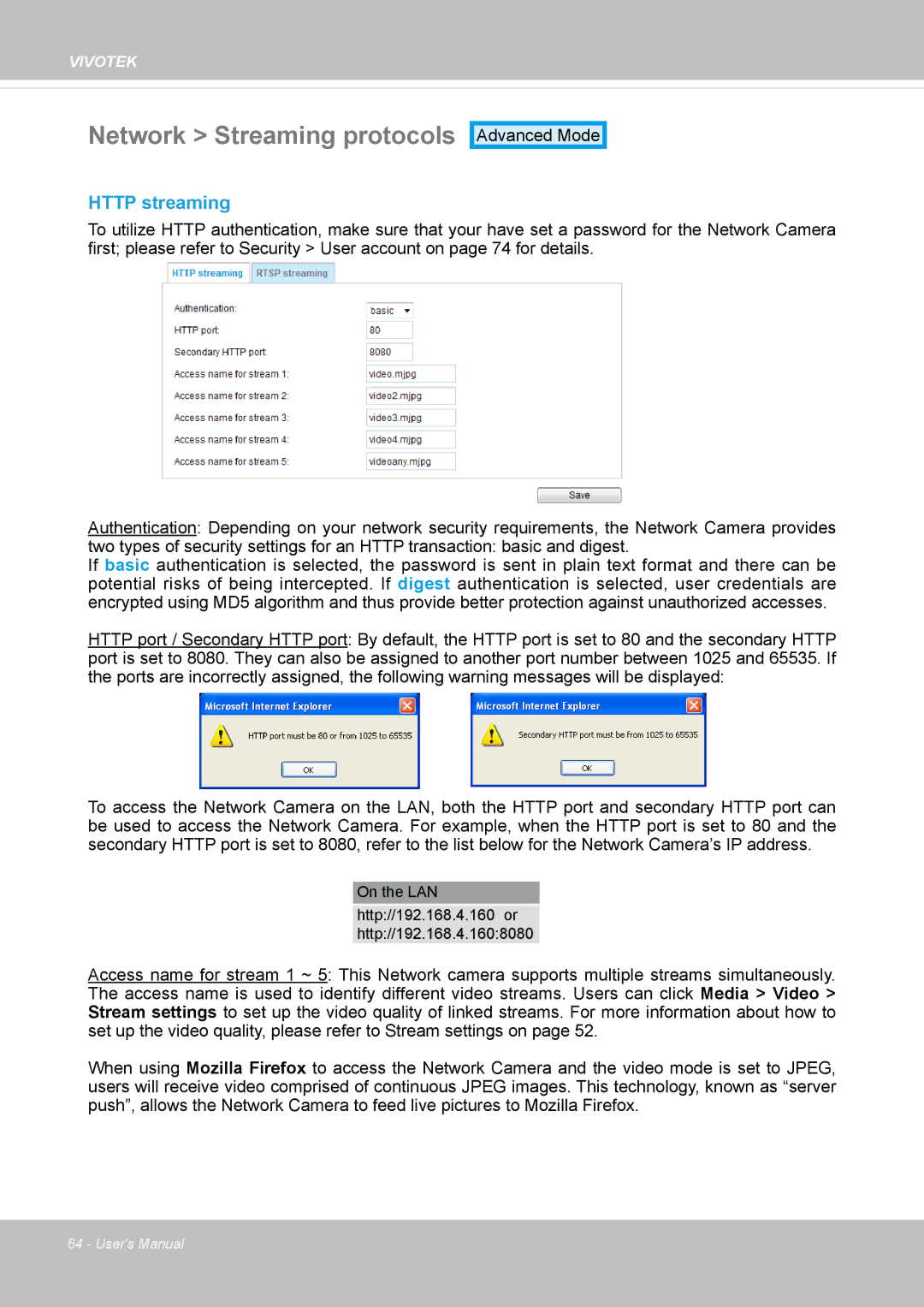 Vivotek FD8133V, FD8134V user manual Network Streaming protocols, Http streaming 