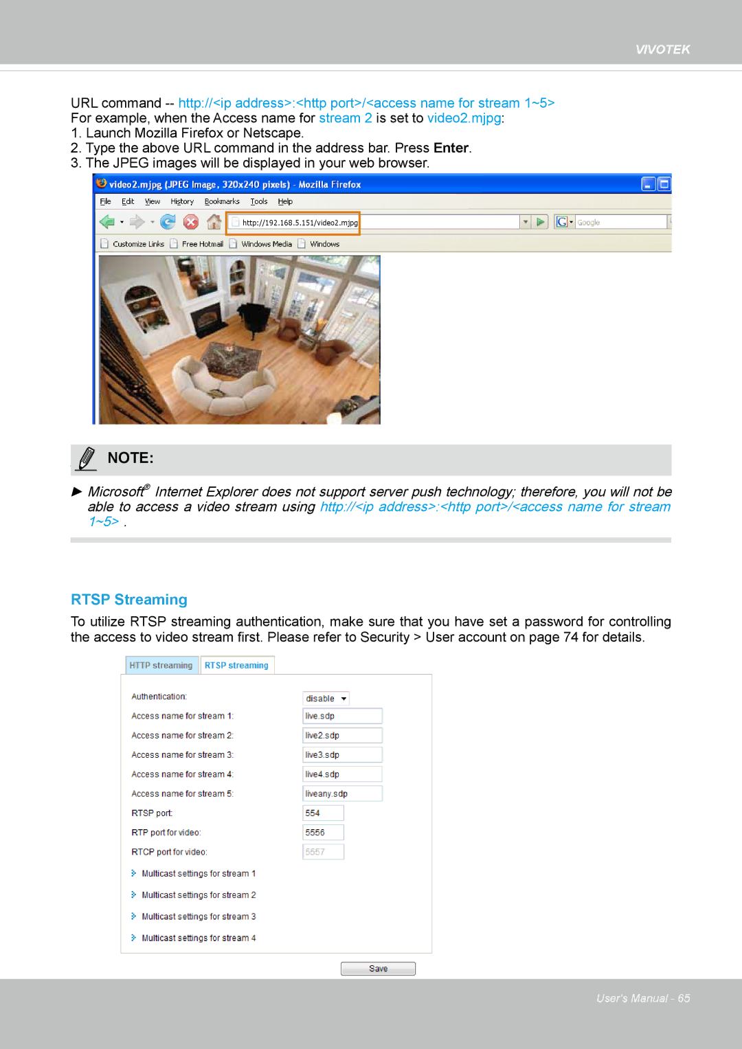 Vivotek FD8134V, FD8133V user manual Rtsp Streaming 