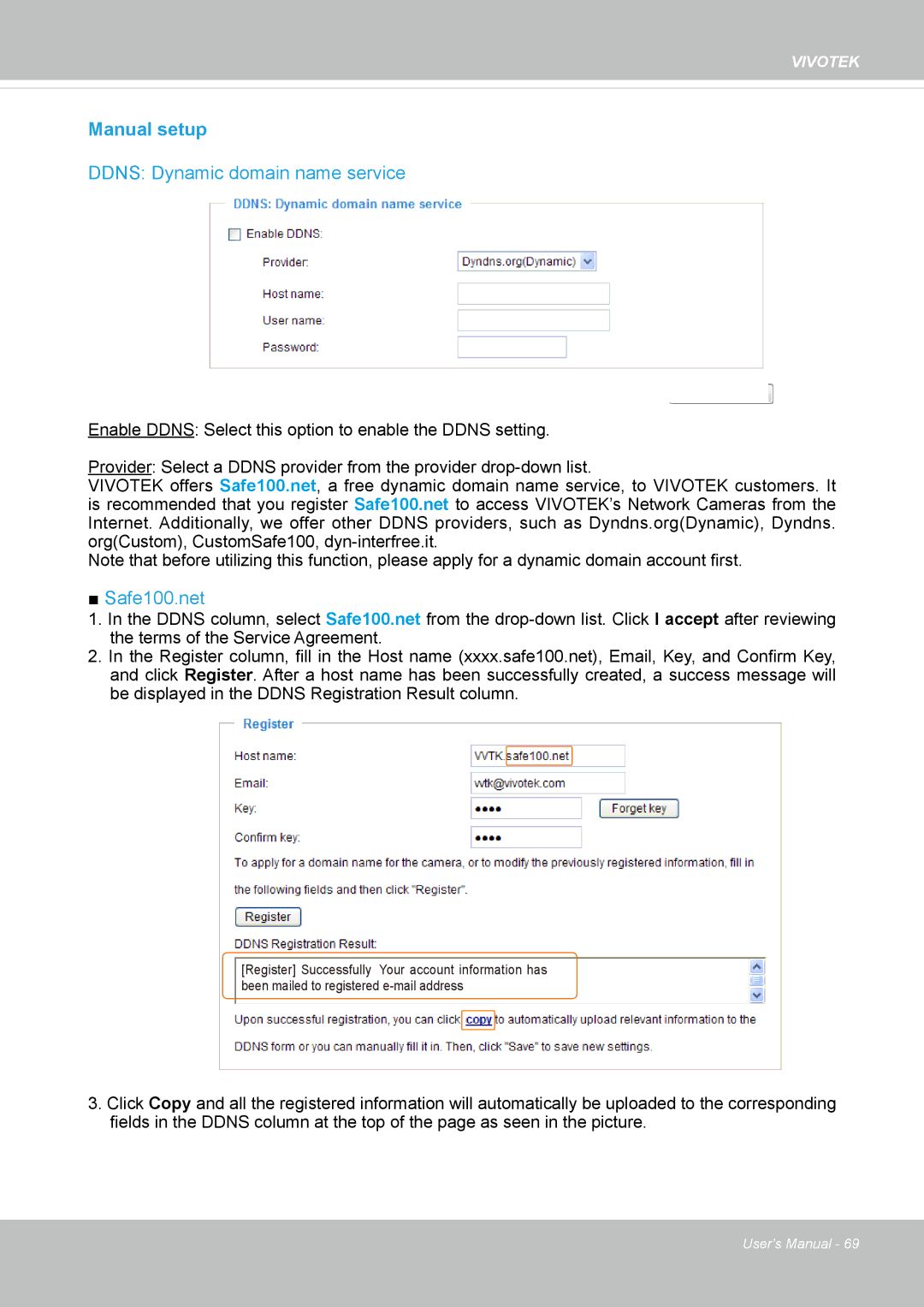 Vivotek FD8134V, FD8133V user manual Manual setup, Ddns Dynamic domain name service 