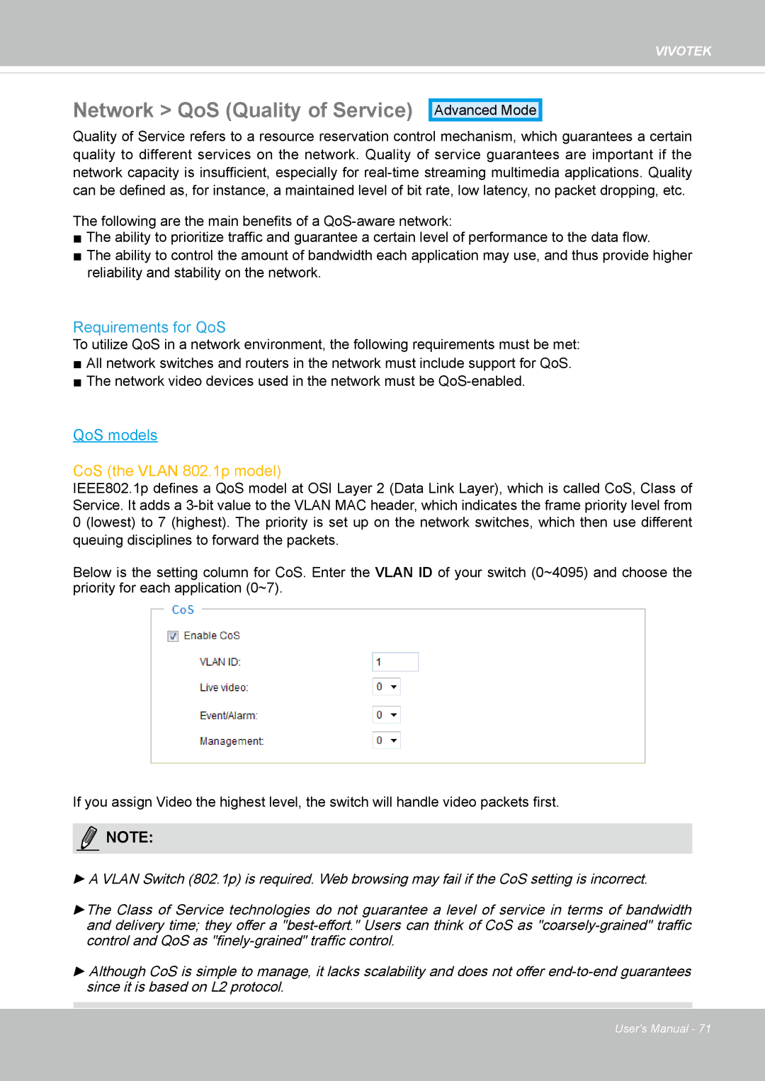 Vivotek FD8134V, FD8133V user manual Network QoS Quality of Service, Requirements for QoS 