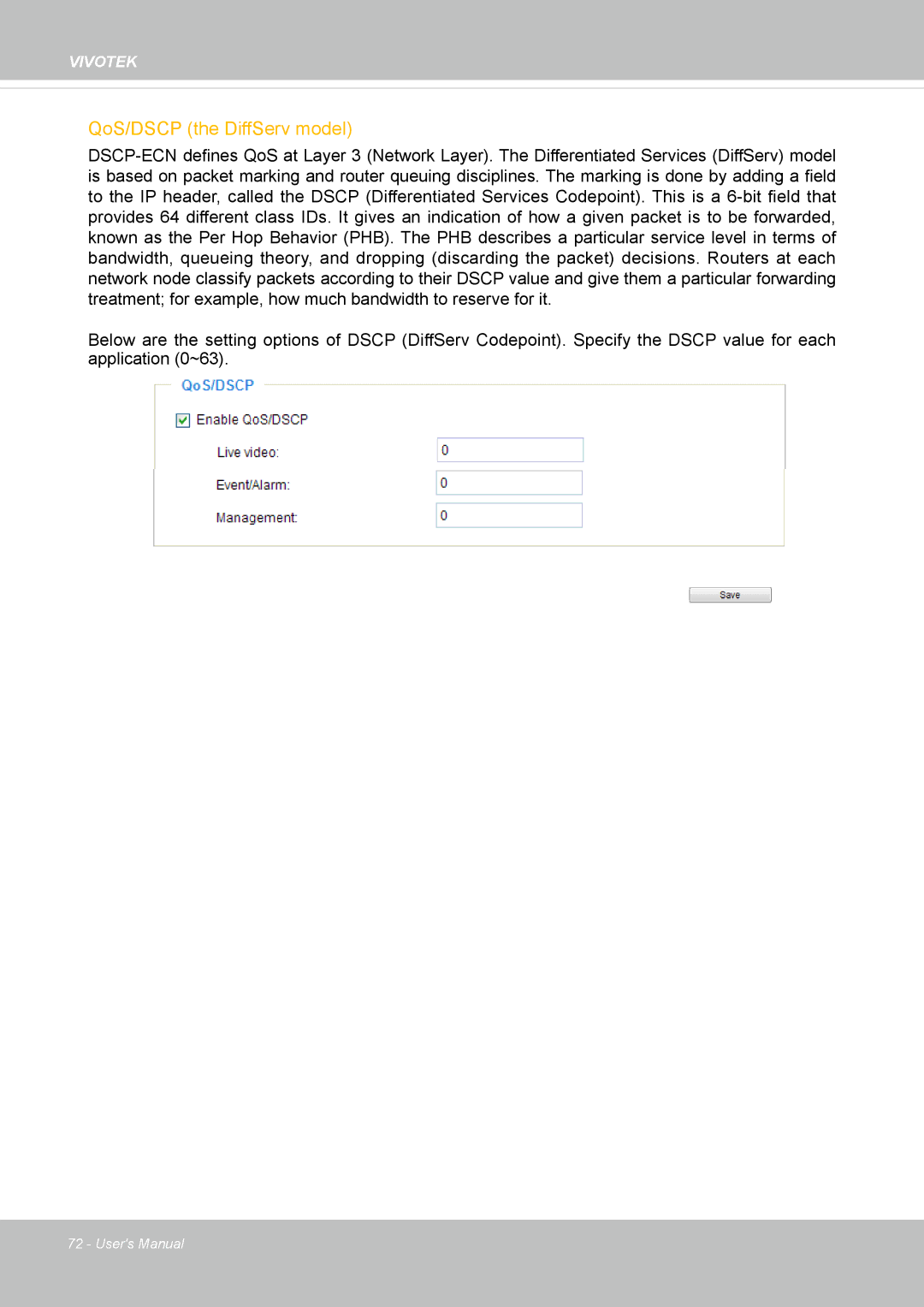 Vivotek FD8133V, FD8134V user manual QoS/DSCP the DiffServ model 