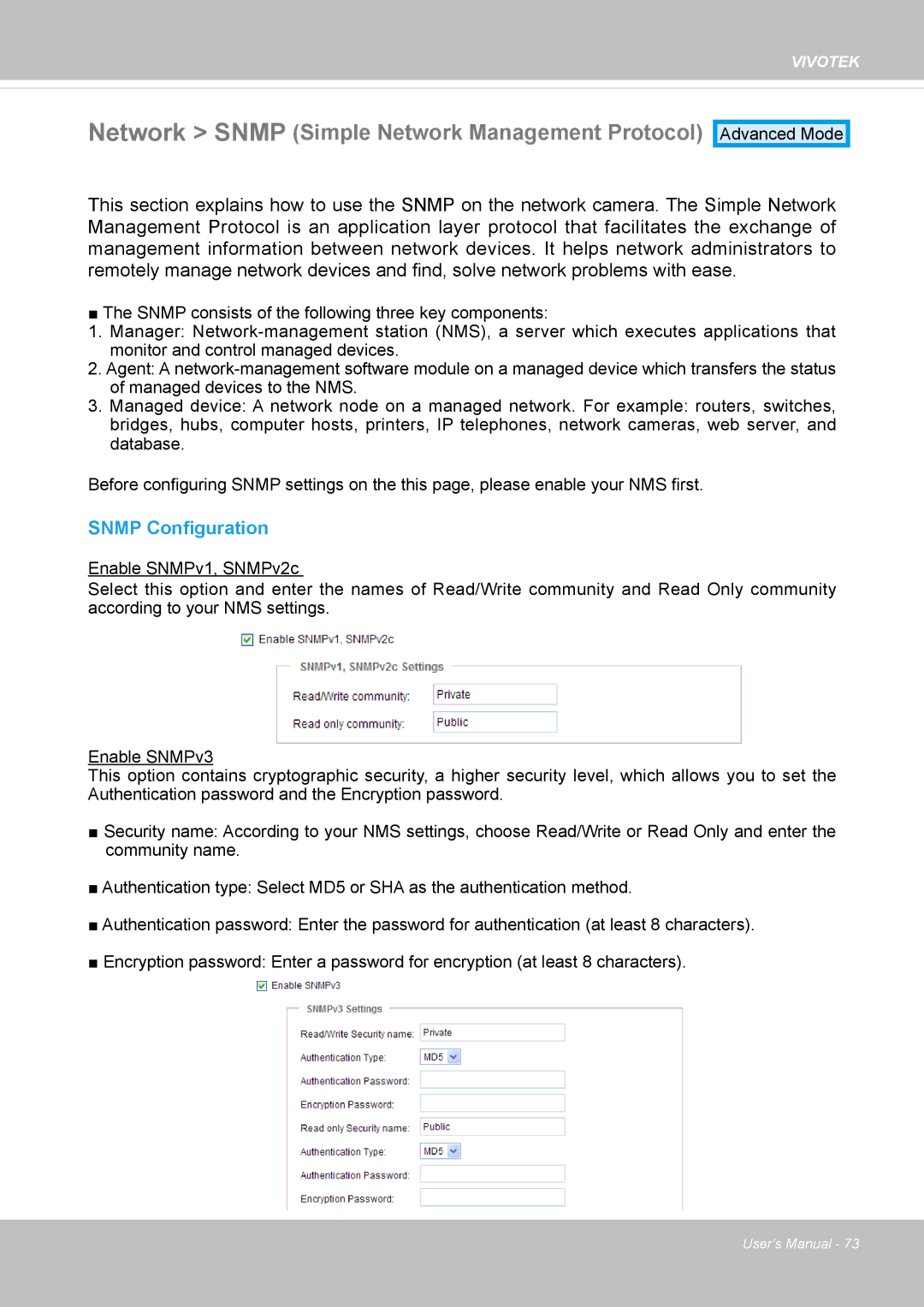 Vivotek FD8134V, FD8133V user manual Network Snmp Simple Network Management Protocol, Snmp Configuration 