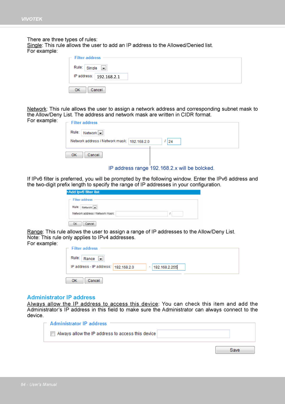 Vivotek FD8133V, FD8134V user manual Administrator IP address, IP address range 192.168.2.x will be bolcked 