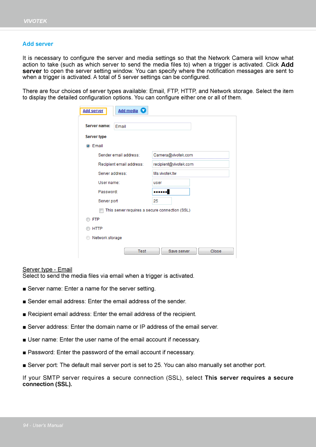 Vivotek FD8133V, FD8134V user manual Add server 