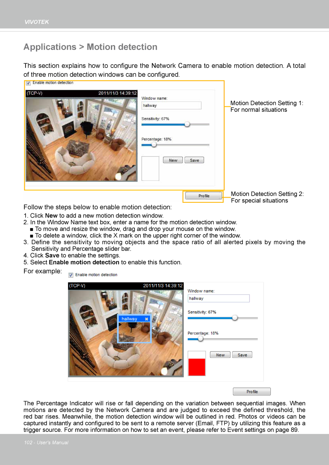 Vivotek FD8135H user manual Applications Motion detection 