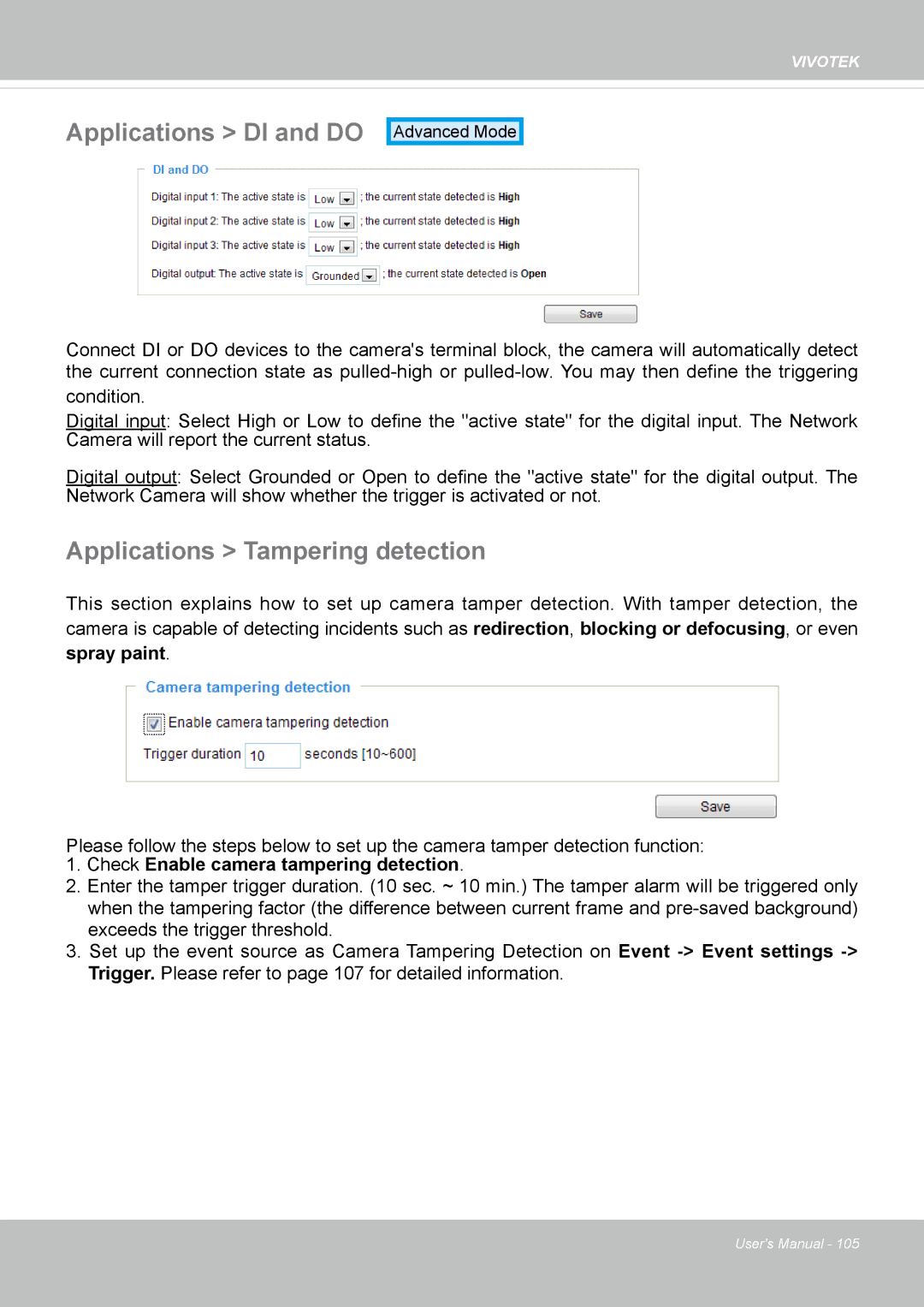 Vivotek FD8135H user manual Applications DI and do, Applications Tampering detection 