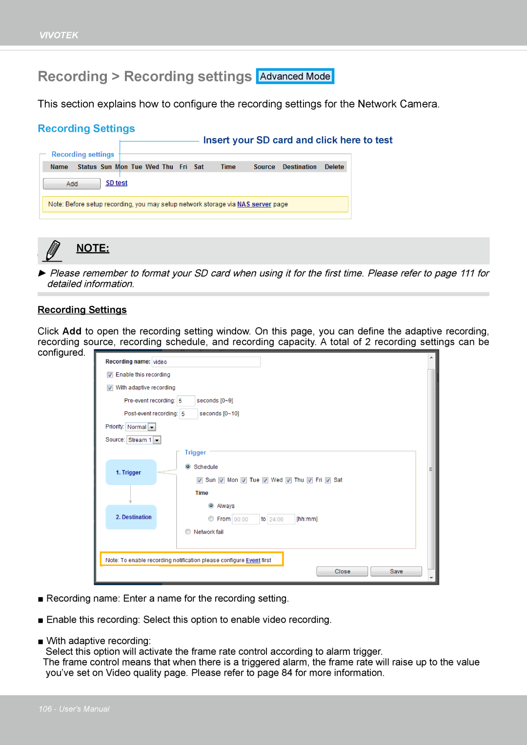 Vivotek FD8135H user manual Recording Recording settings, Recording Settings 