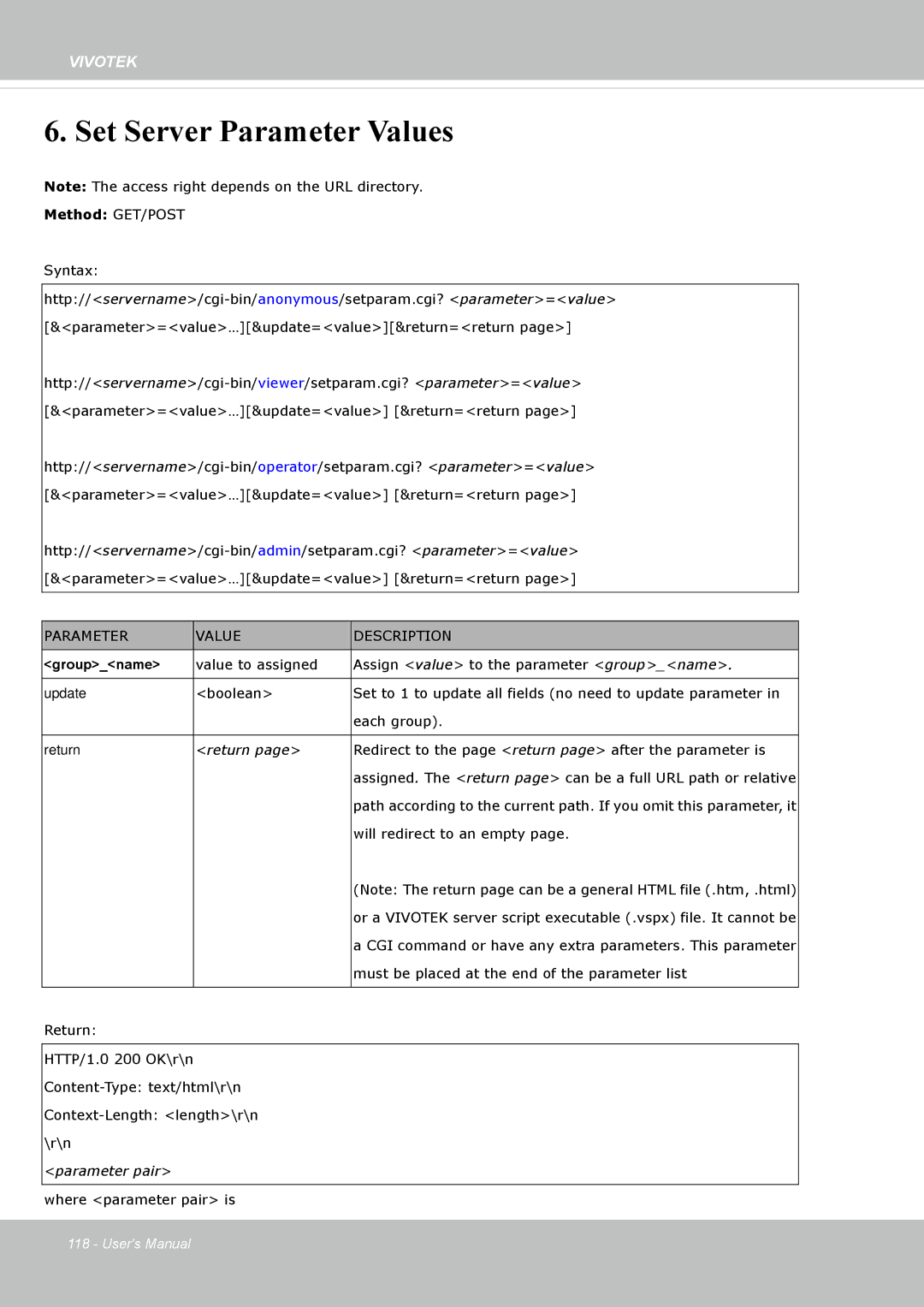 Vivotek FD8135H user manual Set Server Parameter Values, Parameter Value Description 