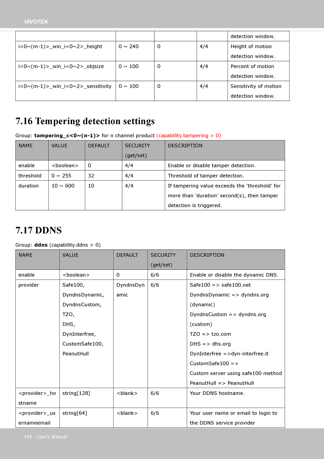 Vivotek FD8135H user manual Tempering detection settings, Ddns, Tzo, Dhs 