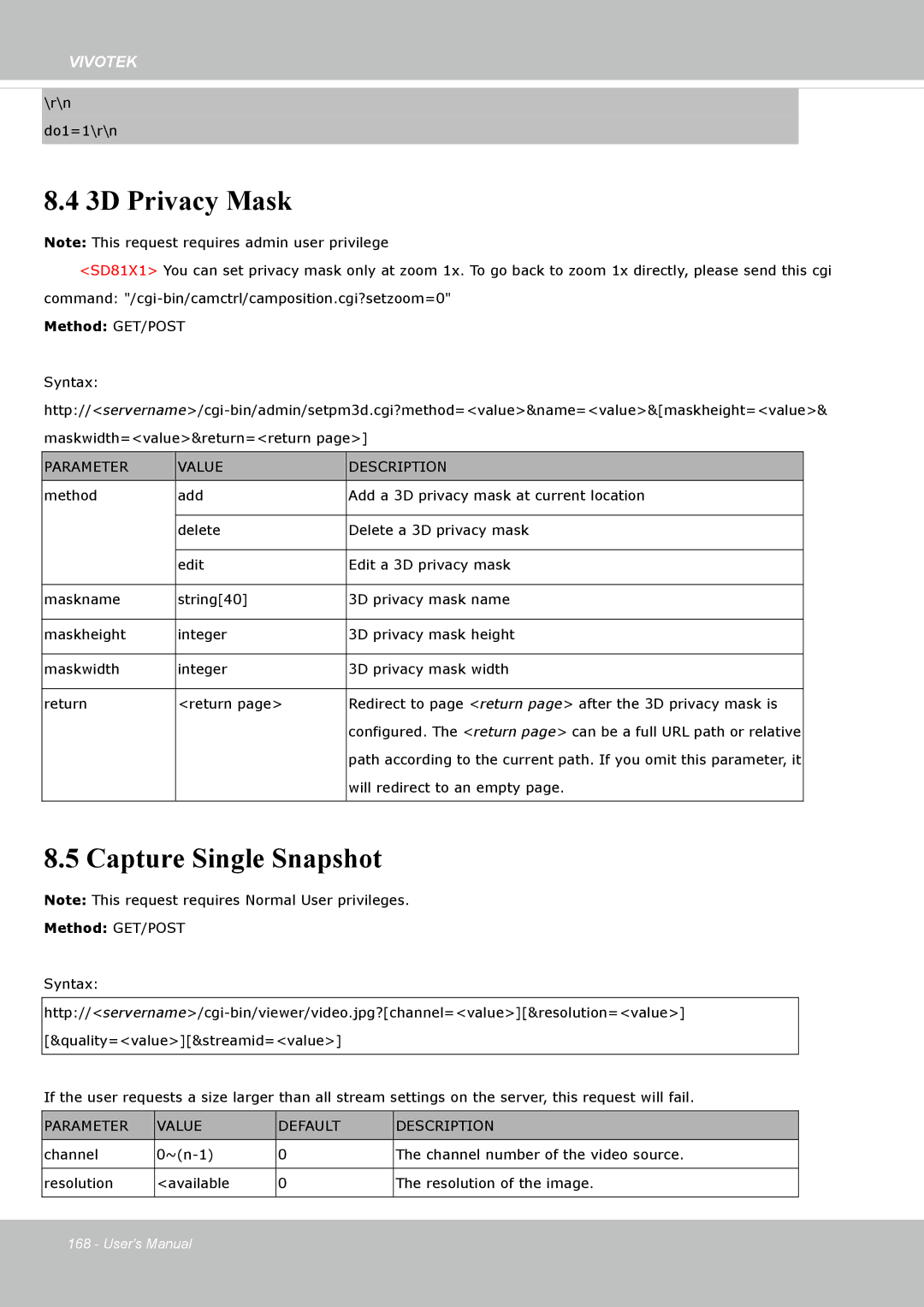 Vivotek FD8135H user manual 3D Privacy Mask, Capture Single Snapshot, Parameter Value Default Description 