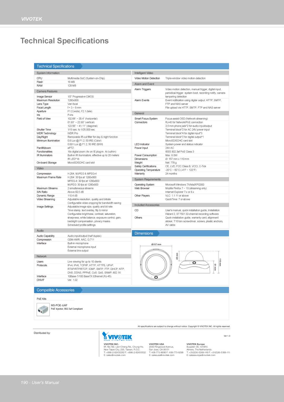 Vivotek FD8135H user manual Technical Specifications 