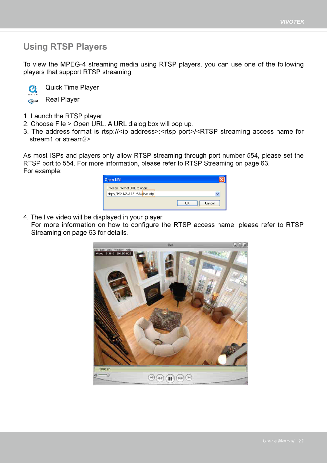 Vivotek FD8135H user manual Using Rtsp Players 