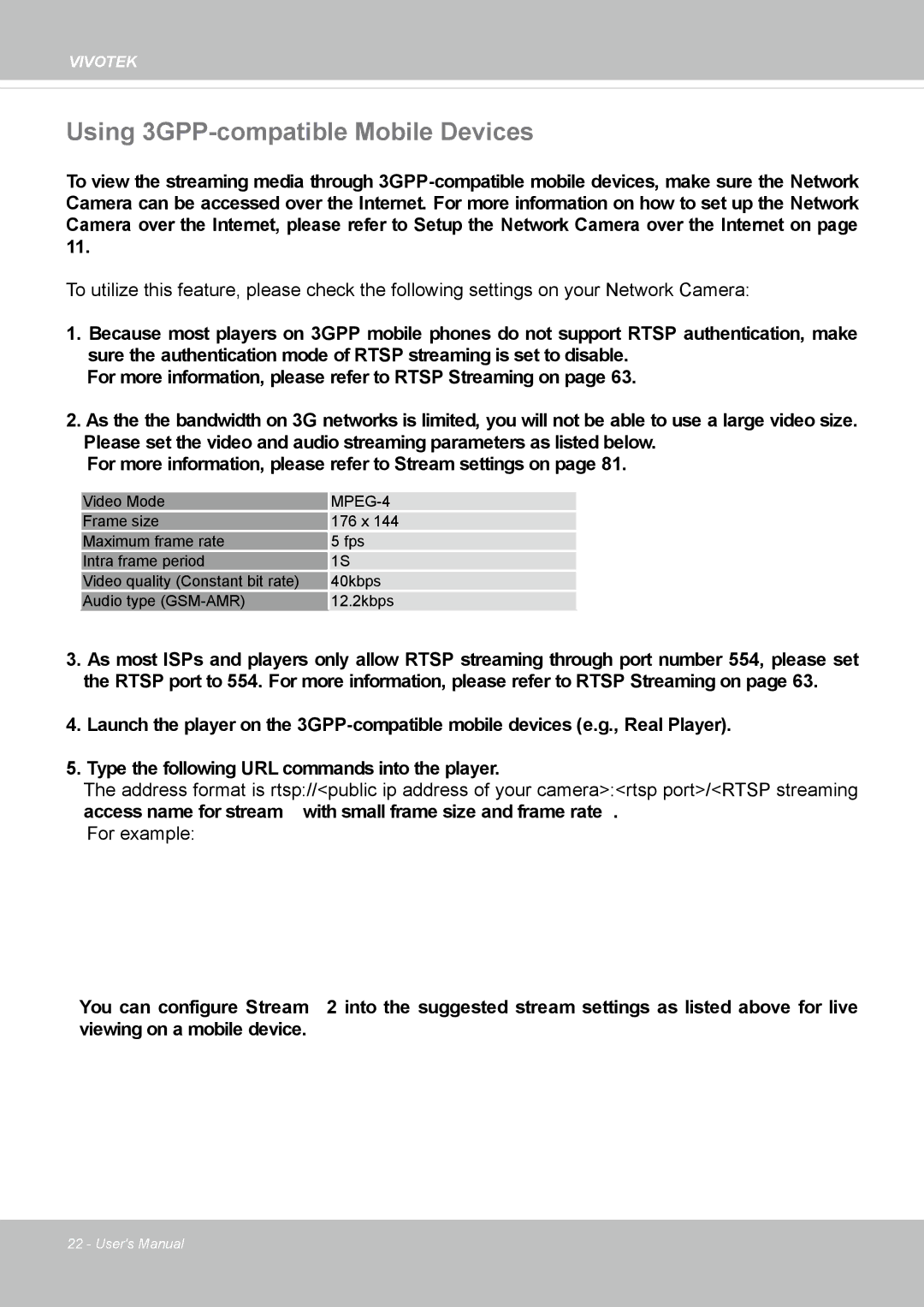 Vivotek FD8135H user manual Using 3GPP-compatible Mobile Devices, MPEG-4 