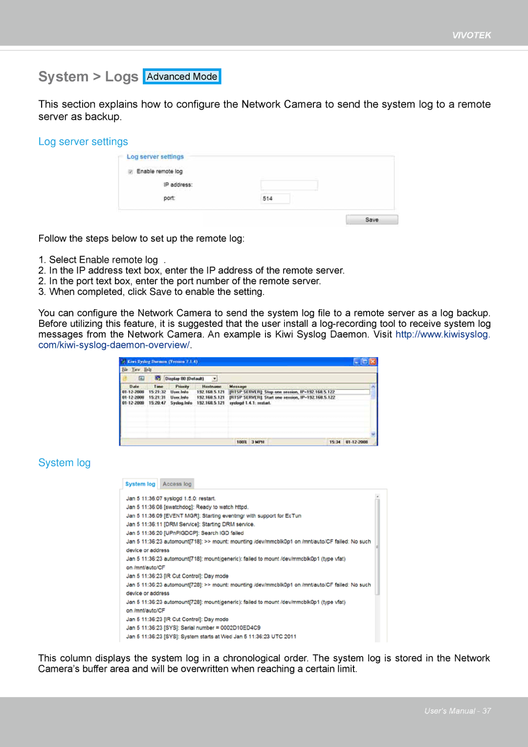 Vivotek FD8135H user manual System Logs, Log server settings, System log 