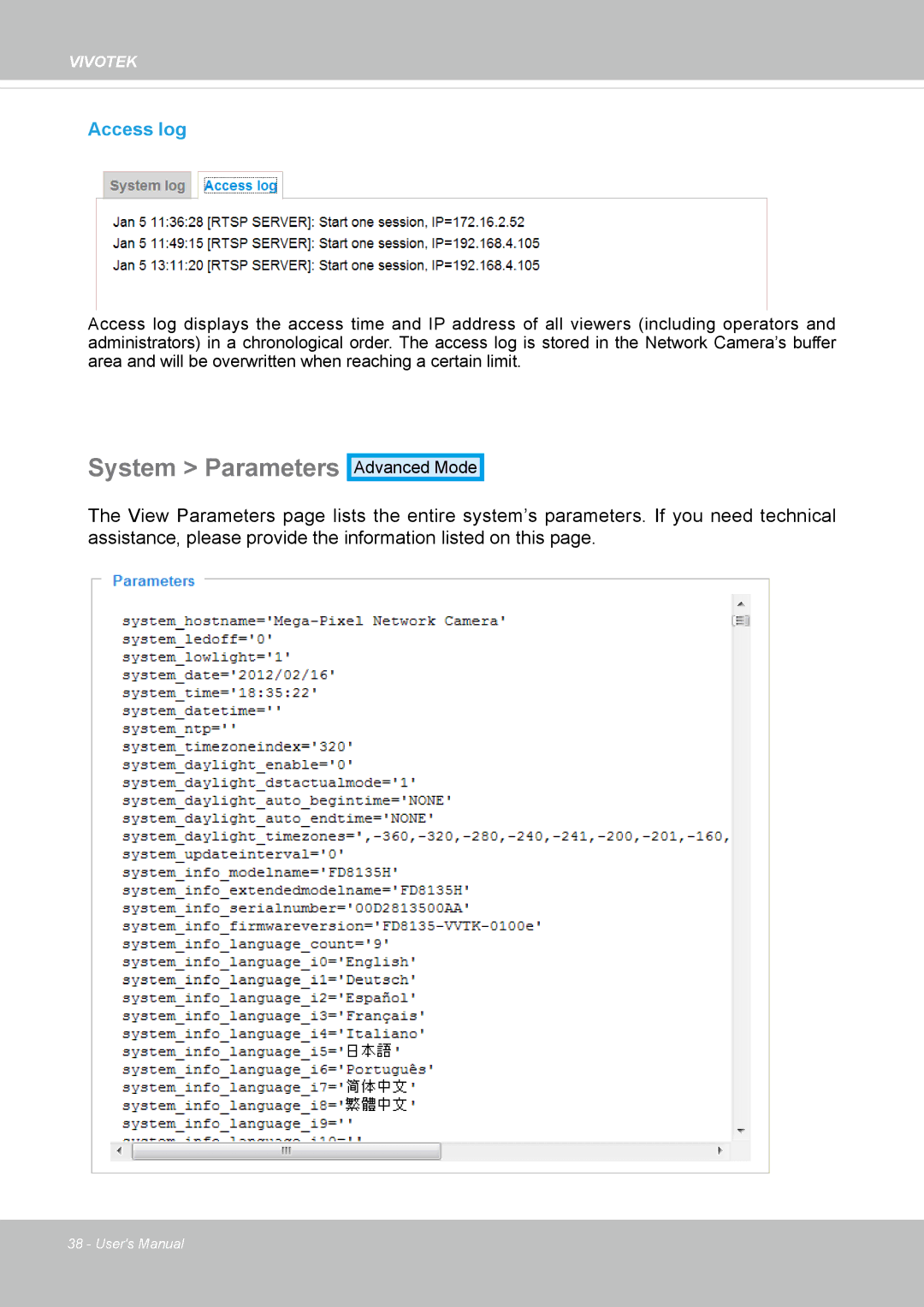 Vivotek FD8135H user manual System Parameters, Access log 