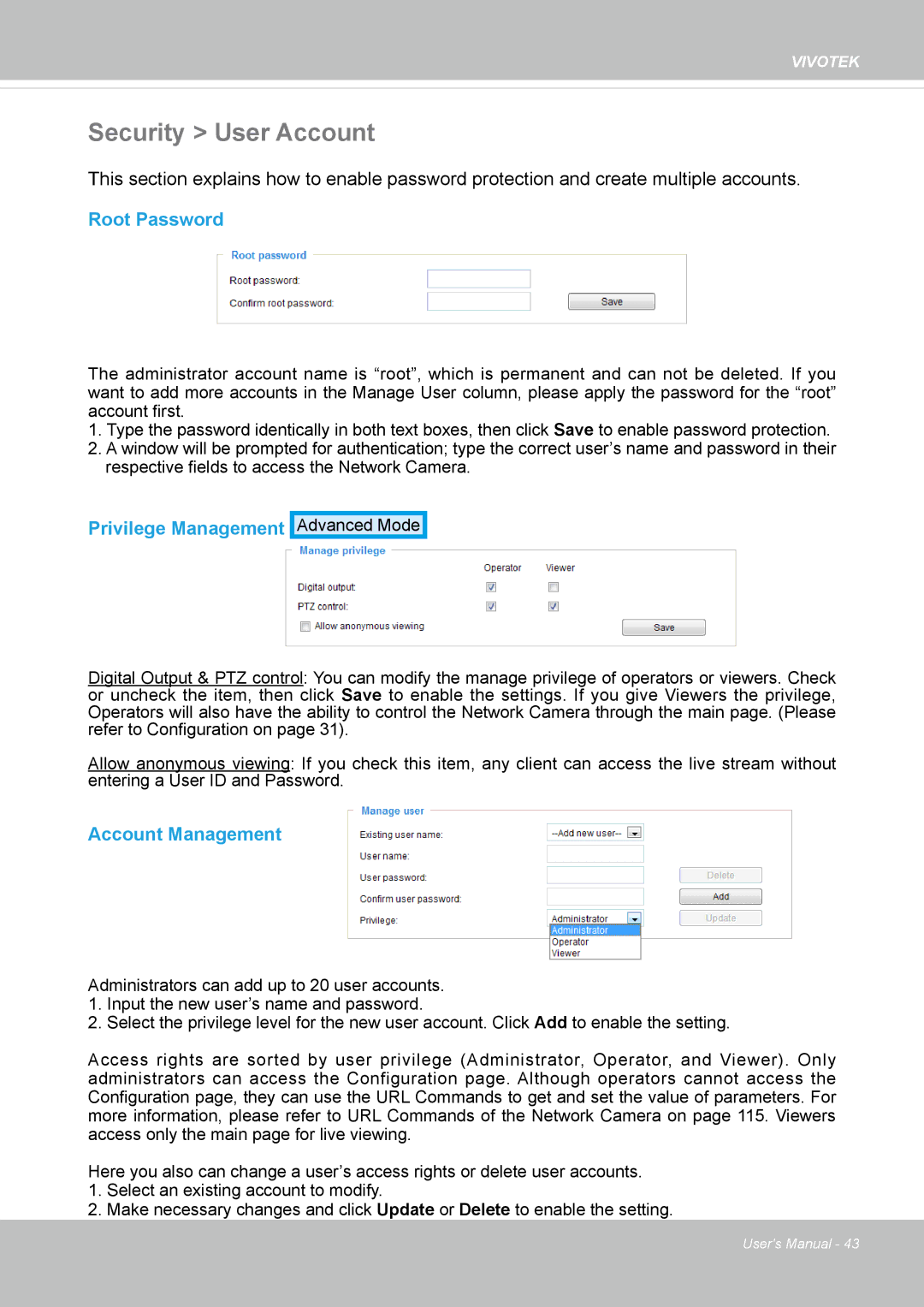 Vivotek FD8135H user manual Security User Account, Root Password, Privilege Management, Account Management 