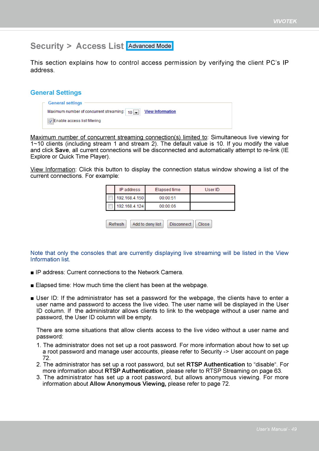 Vivotek FD8135H user manual Security Access List, General Settings 