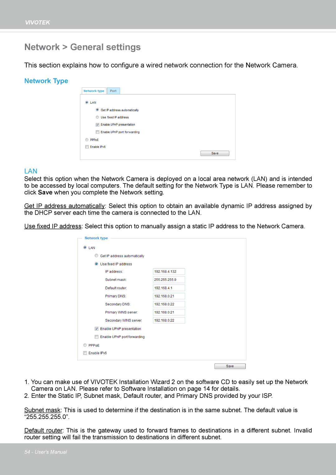 Vivotek FD8135H user manual Network General settings, Network Type 