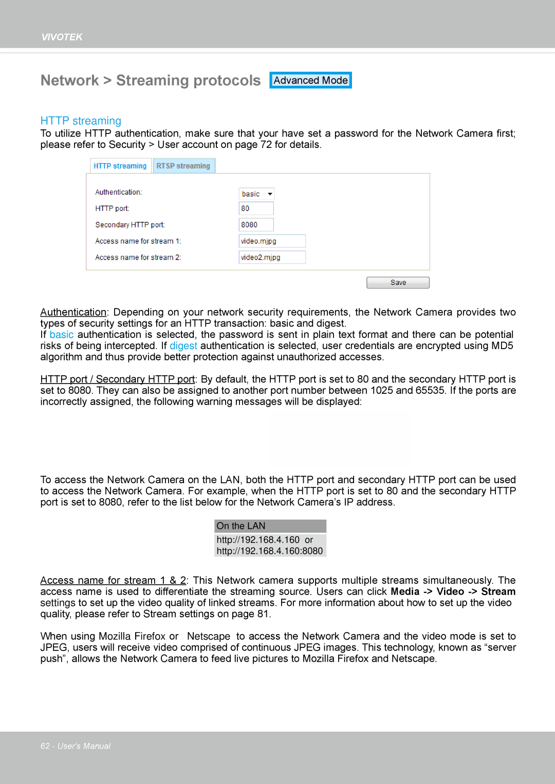 Vivotek FD8135H user manual Network Streaming protocols, Http streaming 