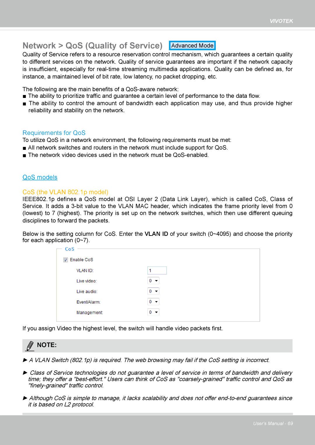 Vivotek FD8135H user manual Network QoS Quality of Service, Requirements for QoS 