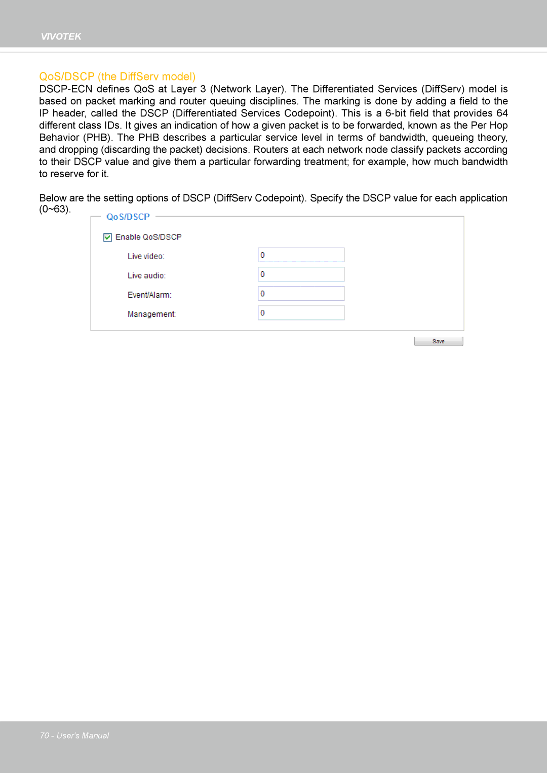 Vivotek FD8135H user manual QoS/DSCP the DiffServ model 