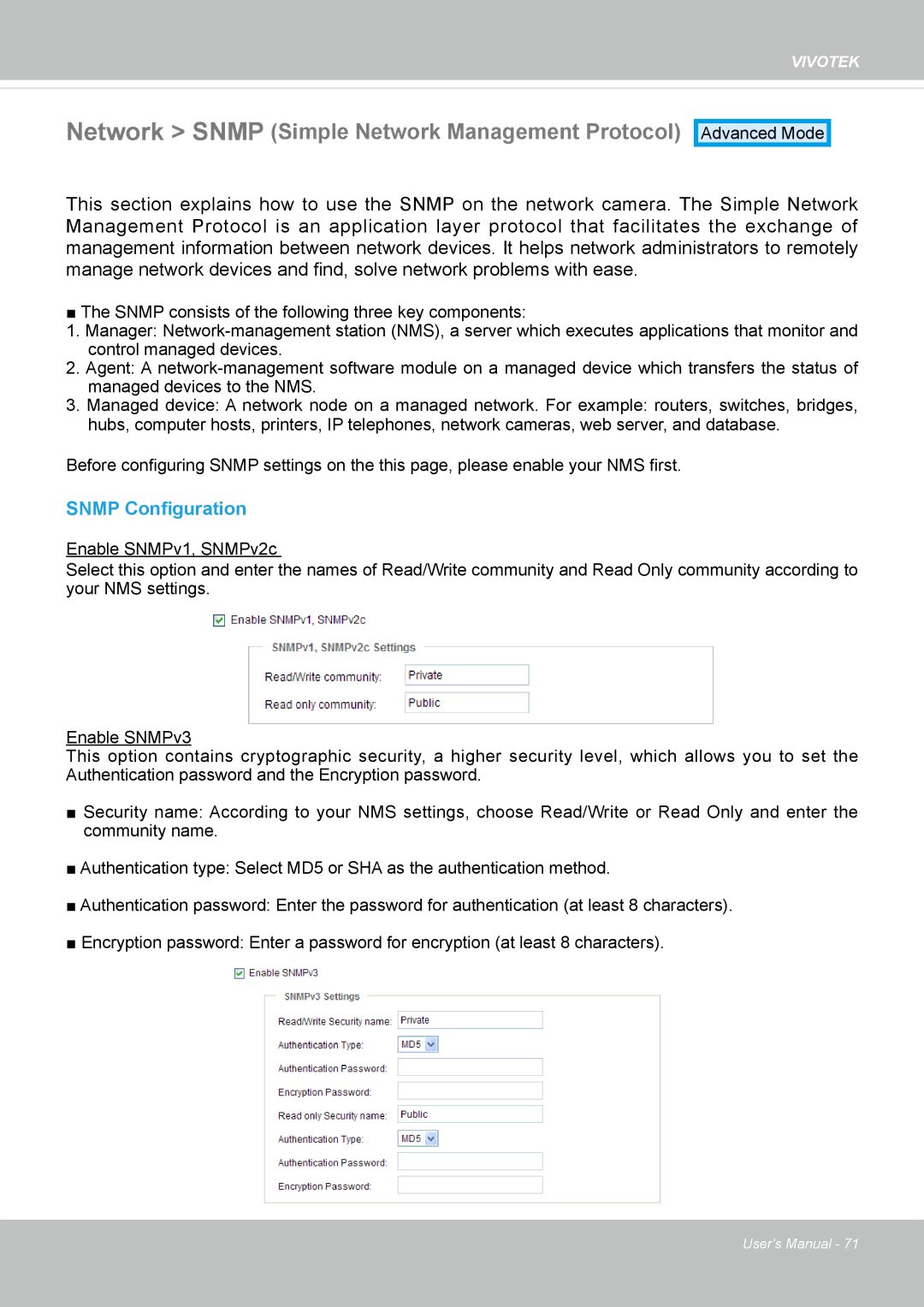 Vivotek FD8135H user manual Network Snmp Simple Network Management Protocol, Snmp Configuration 