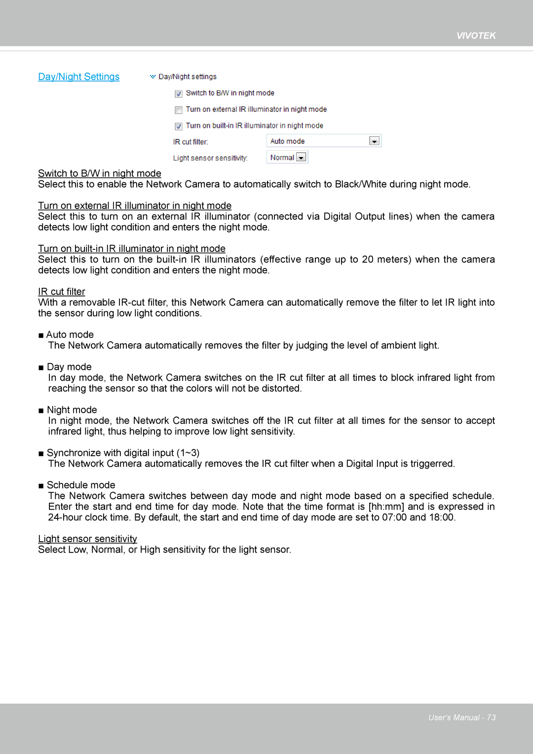 Vivotek FD8135H user manual Day/Night Settings 