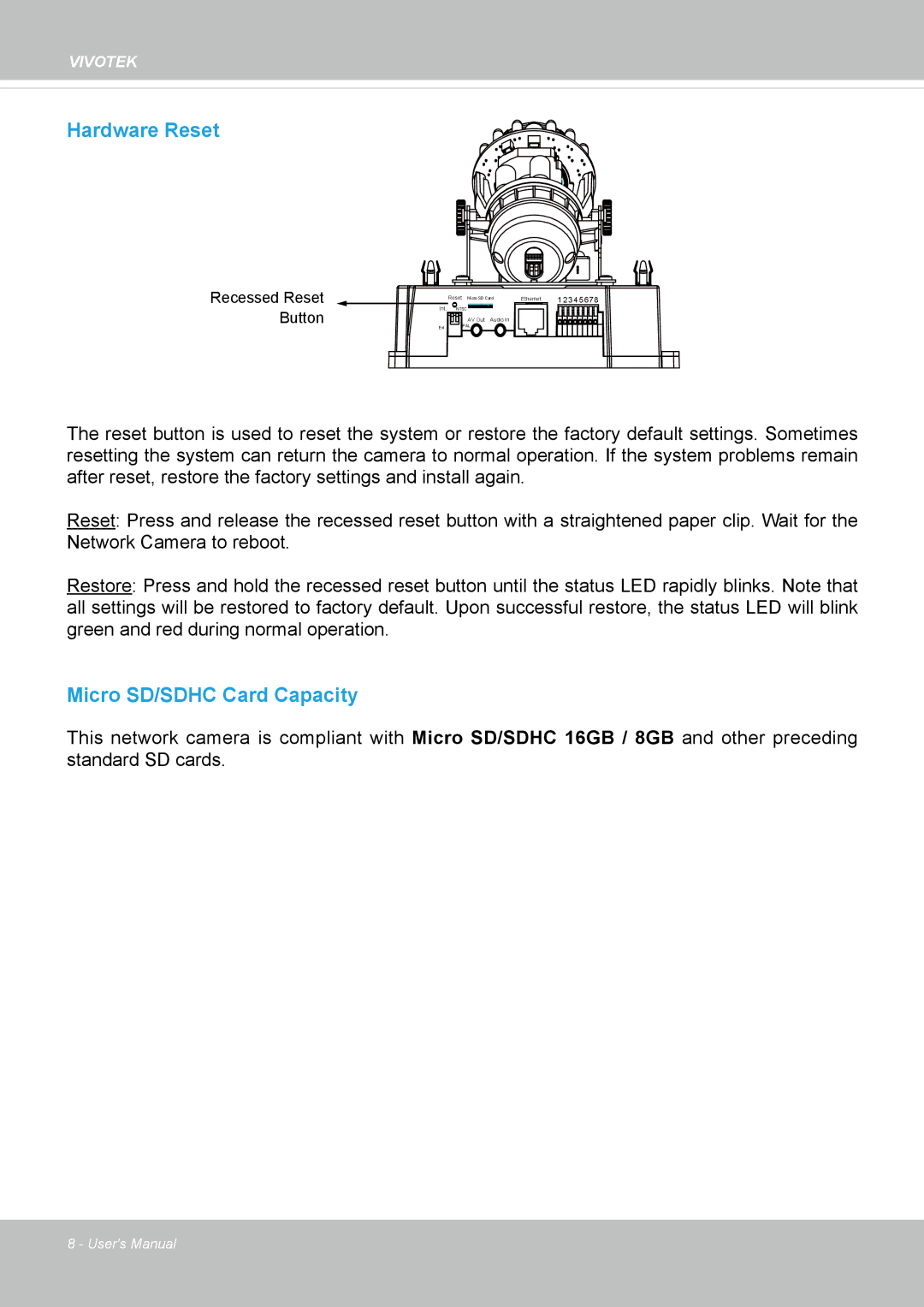 Vivotek FD8135H user manual Hardware Reset 