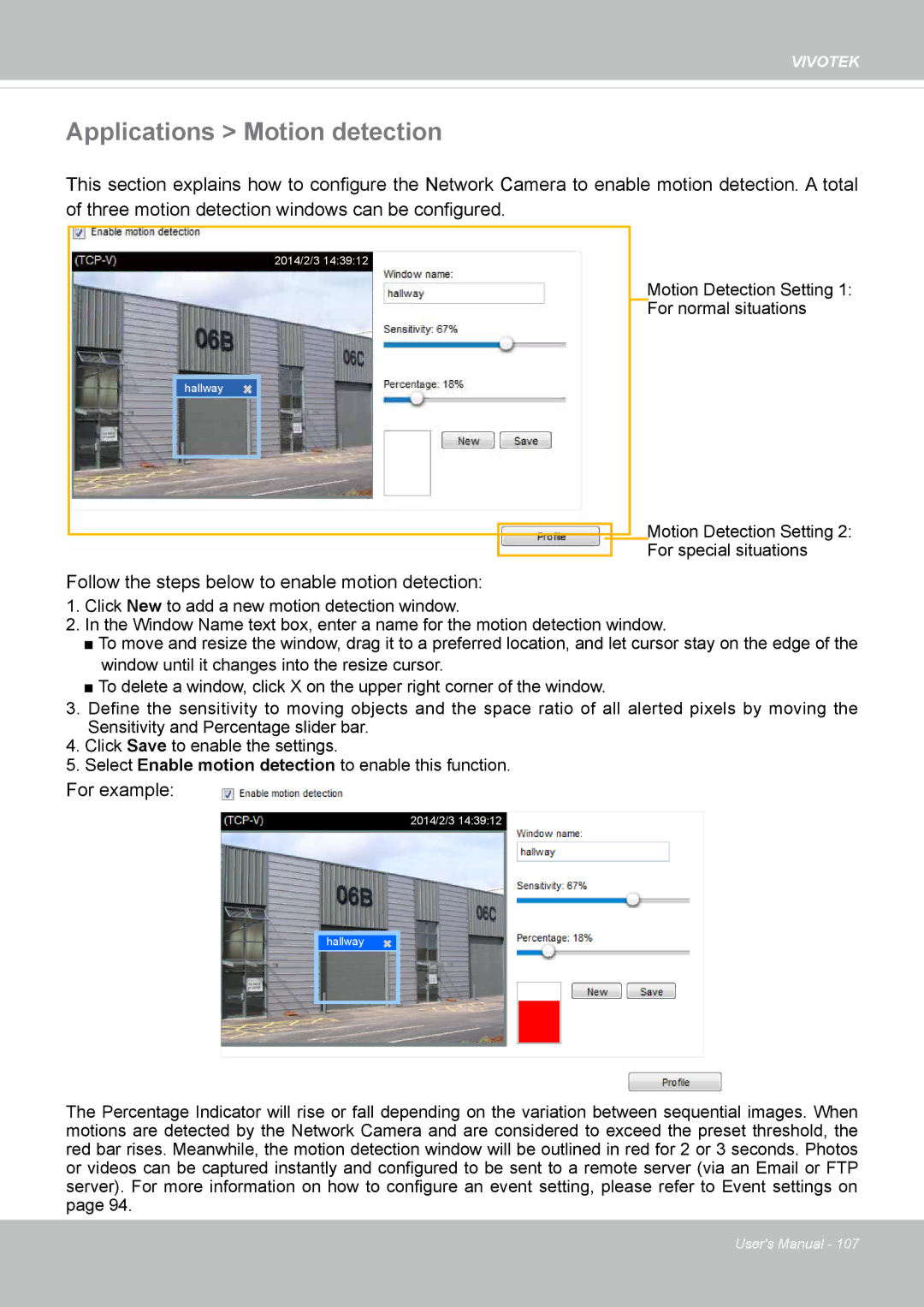 Vivotek 8154V, FD8154 user manual Applications Motion detection, Follow the steps below to enable motion detection 