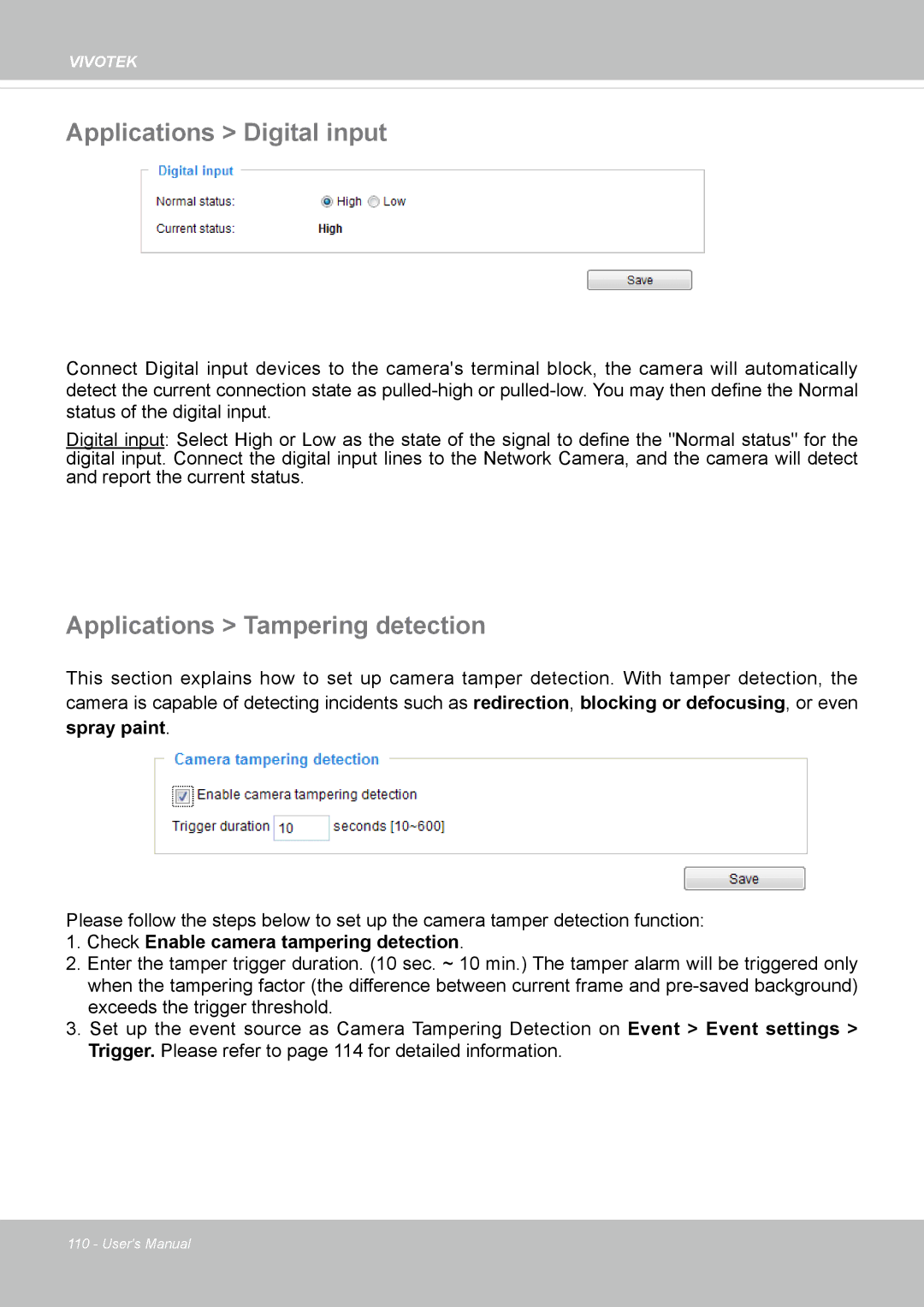 Vivotek FD8154, 8154V user manual Applications Digital input, Applications Tampering detection 