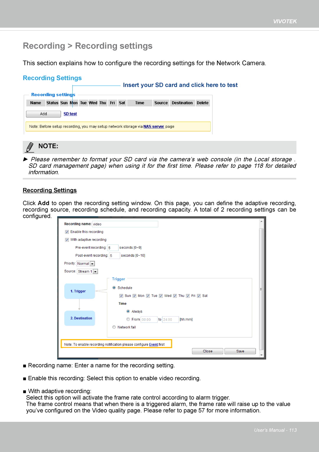 Vivotek 8154V, FD8154 user manual Recording Recording settings, Recording Settings 