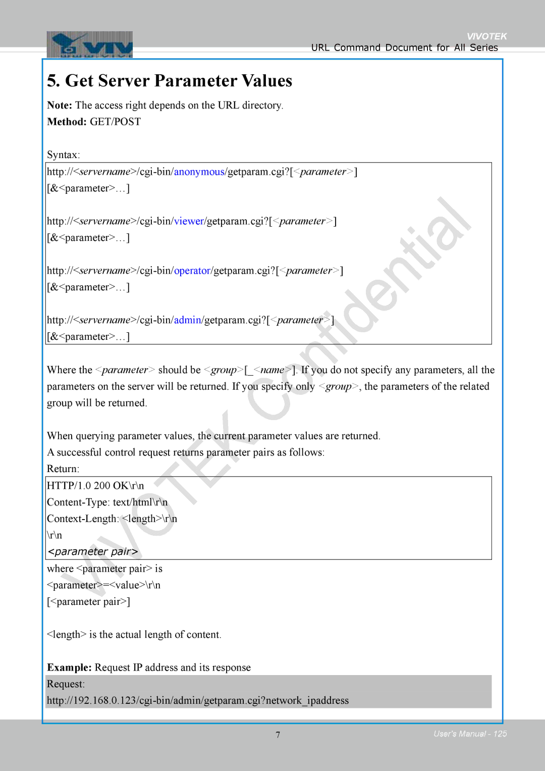 Vivotek 8154V, FD8154 user manual Get Server Parameter Values, Method GET/POST 