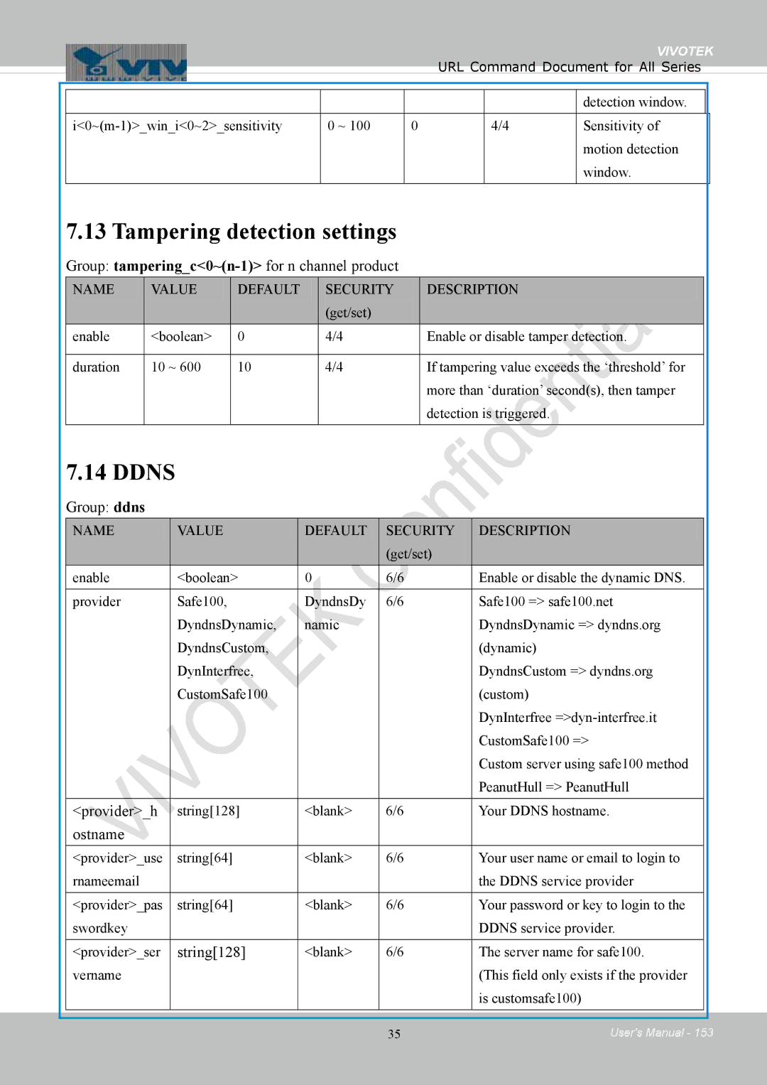 Vivotek 8154V, FD8154 user manual Tampering detection settings, Ddns 