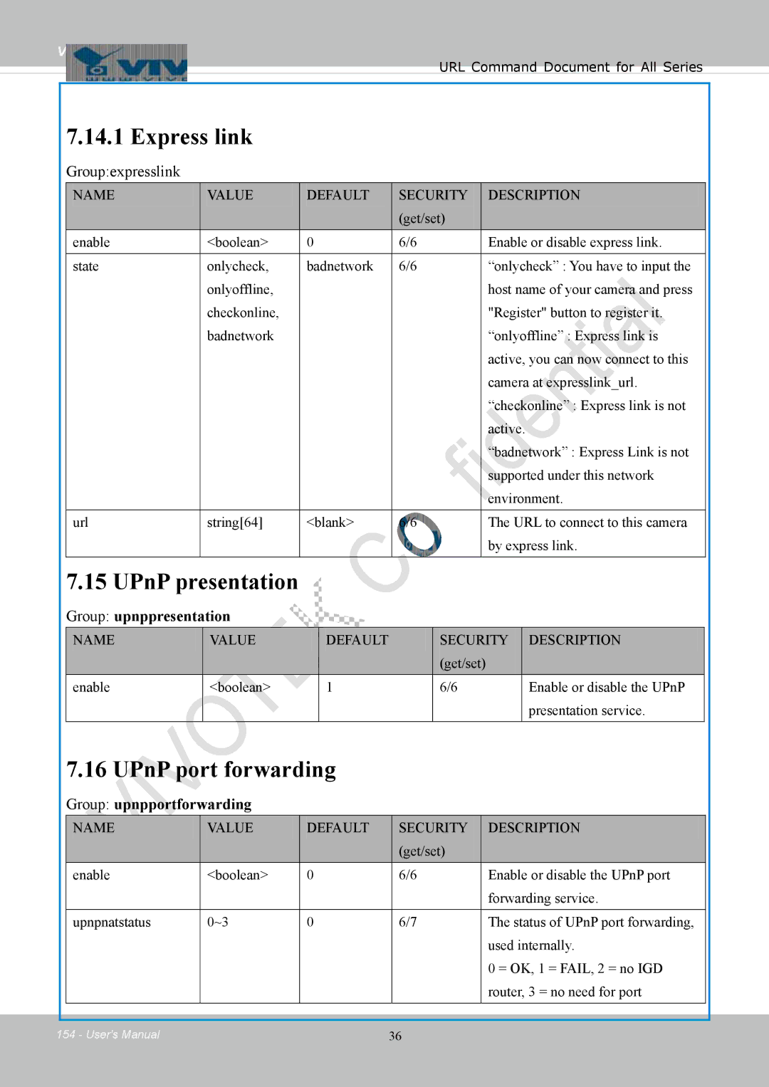 Vivotek FD8154 Express link, UPnP presentation, UPnP port forwarding, Group upnppresentation, Group upnpportforwarding 