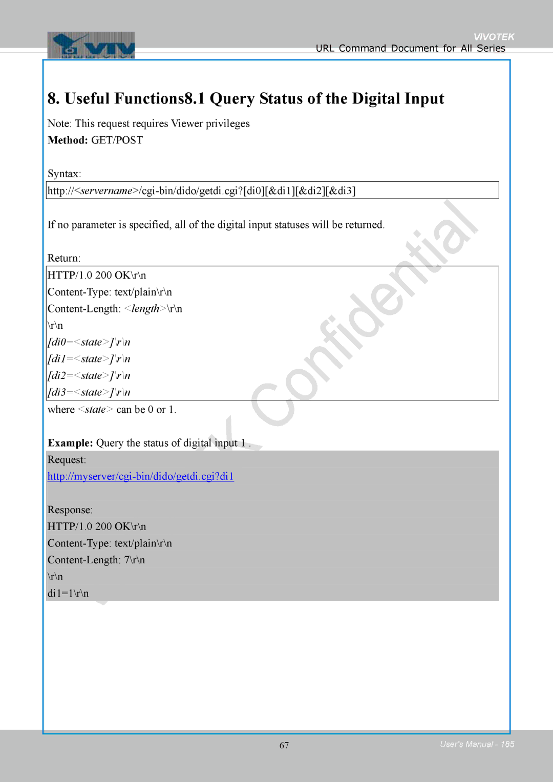 Vivotek 8154V, FD8154 user manual Useful Functions8.1 Query Status of the Digital Input 